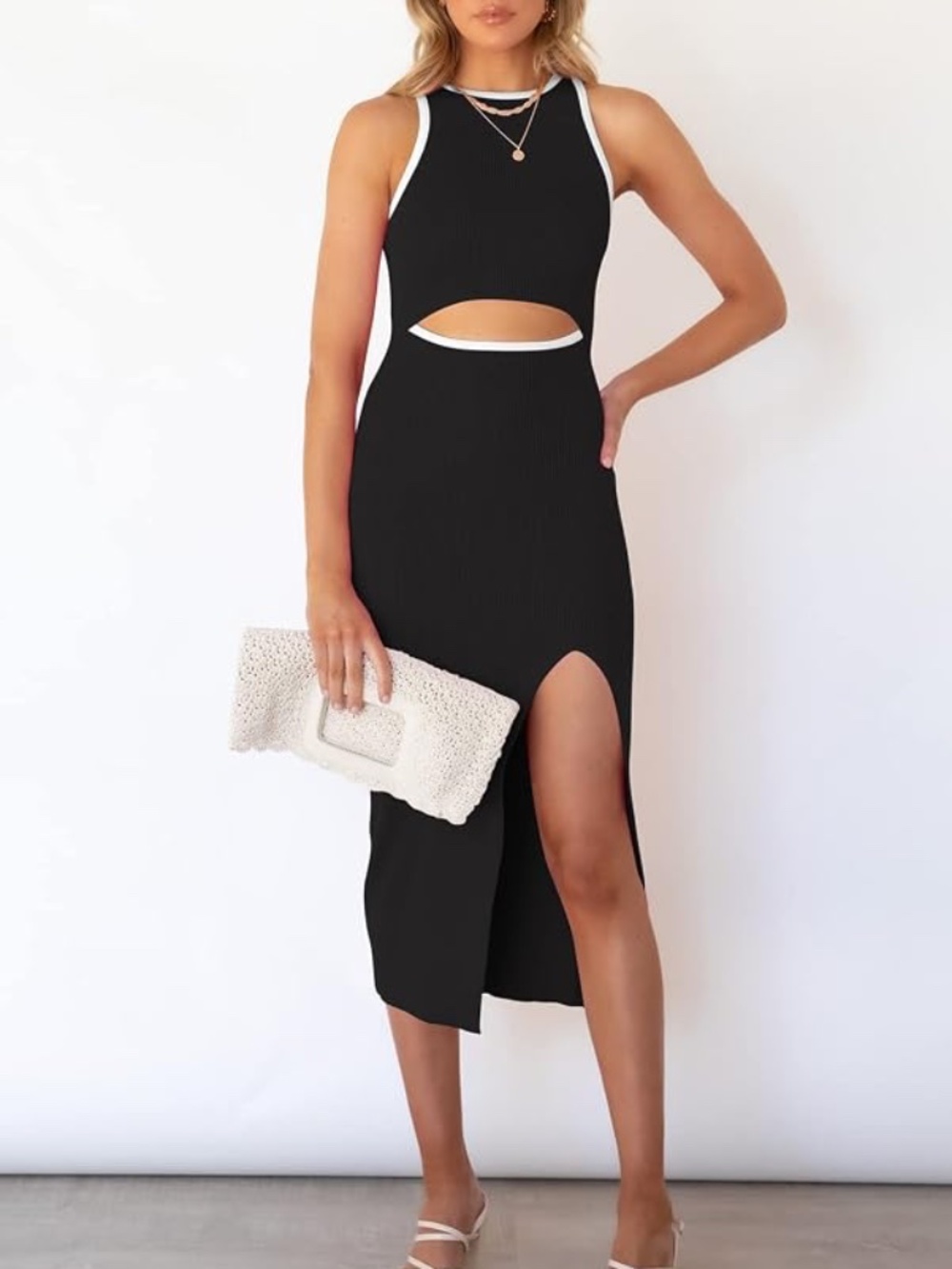 💕2 for $15💕 Women Cutout Black White Dress Summer Knit Sundress Casual Midi